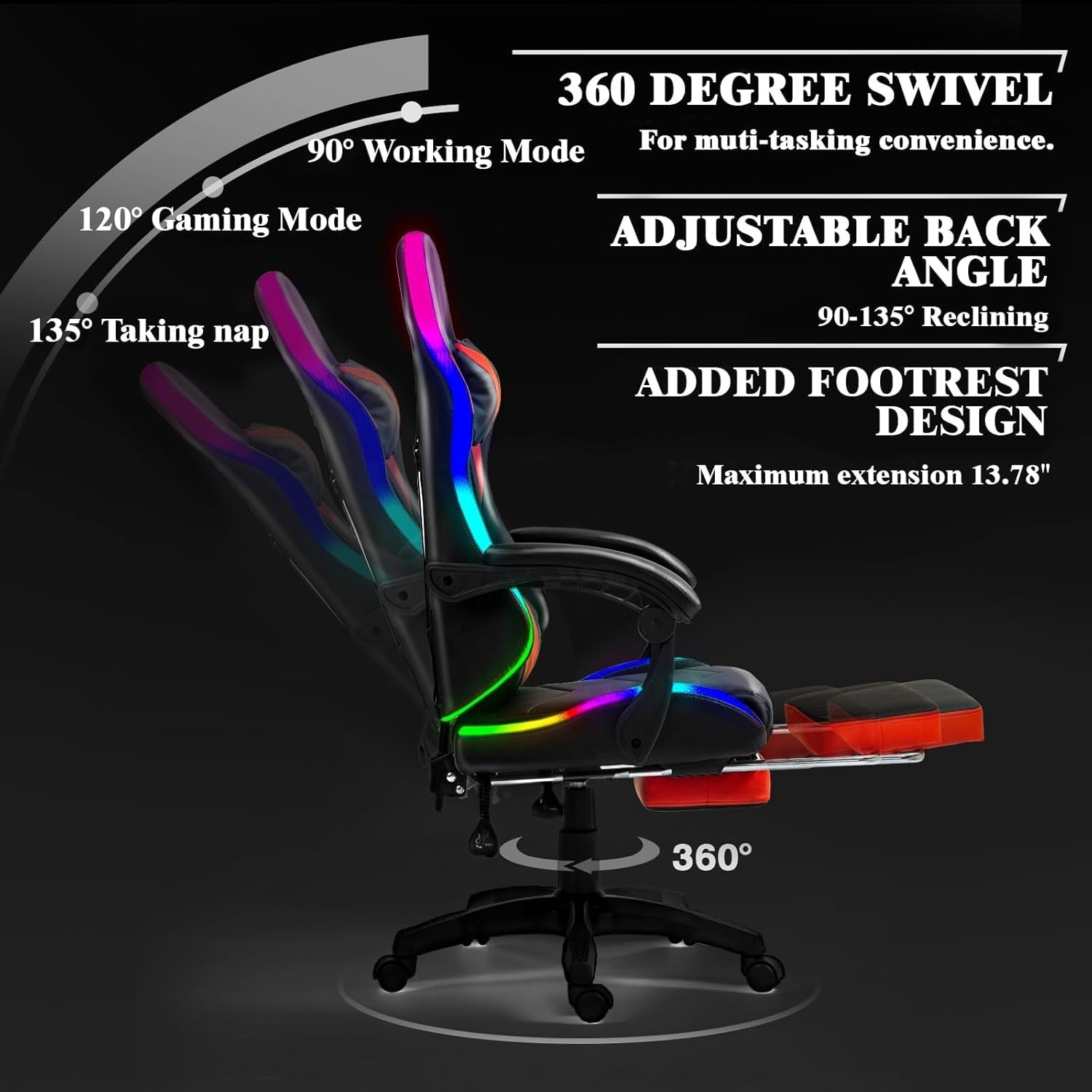 RGB LED Gaming Chair Reclining Racing Office Chair w/ Footrest