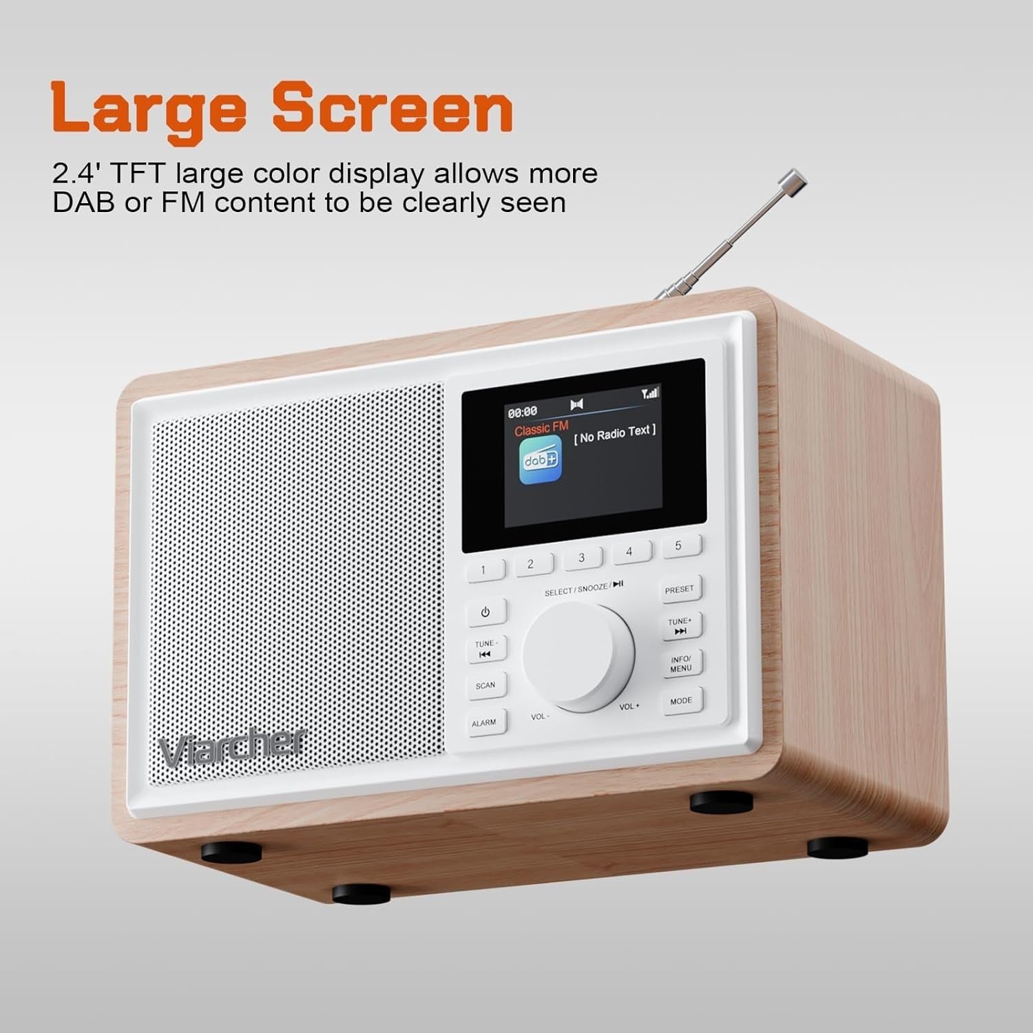 DAB+ FM Digital Kitchen Radio Bluetooth Dual Alarm 60 Presets White/Oak