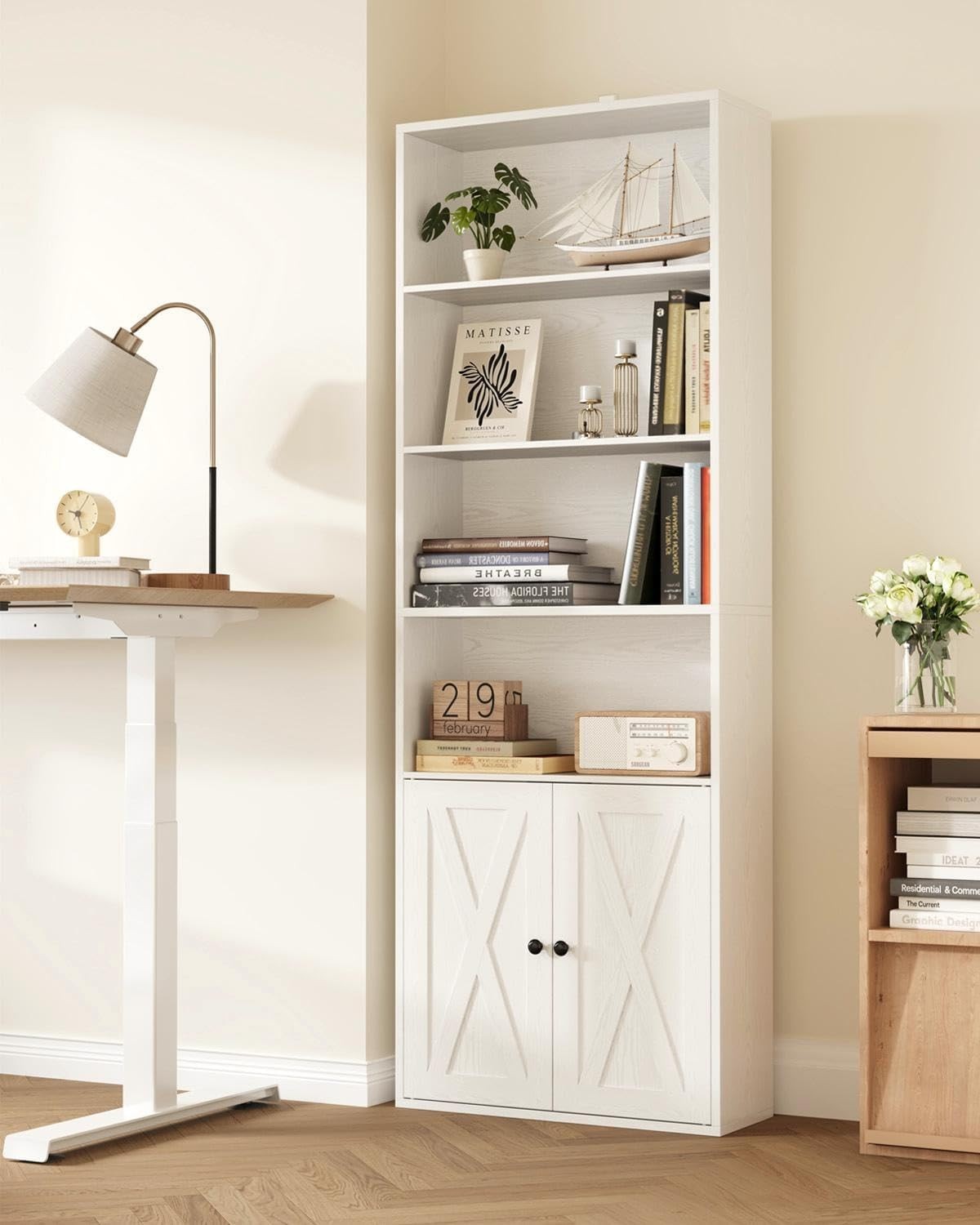 6 Tier Tall White Bookcase with Doors Storage Display BookShelf 60x23.5x180cm