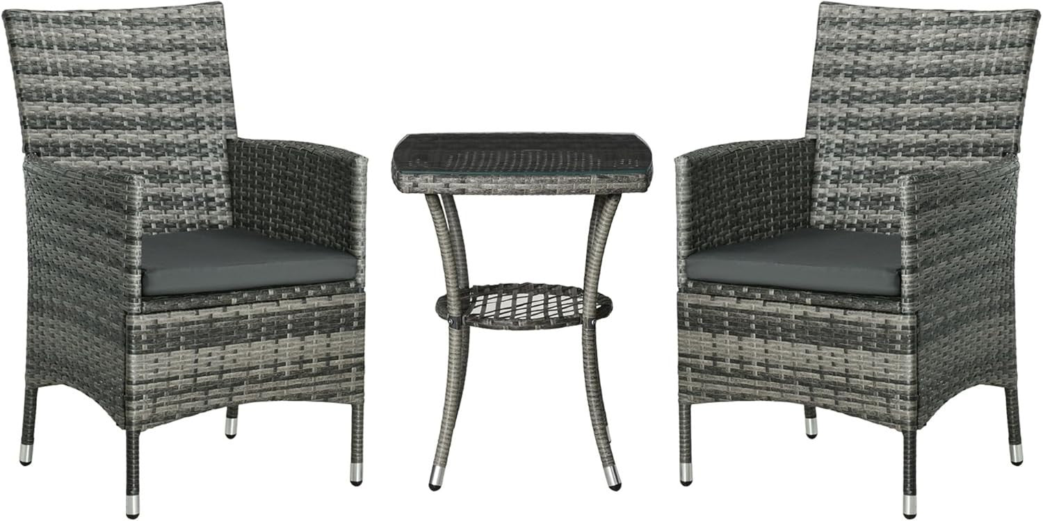 Compact Rattan Bistro Set 2 Chairs Table Cushioned Balcony Patio Seating