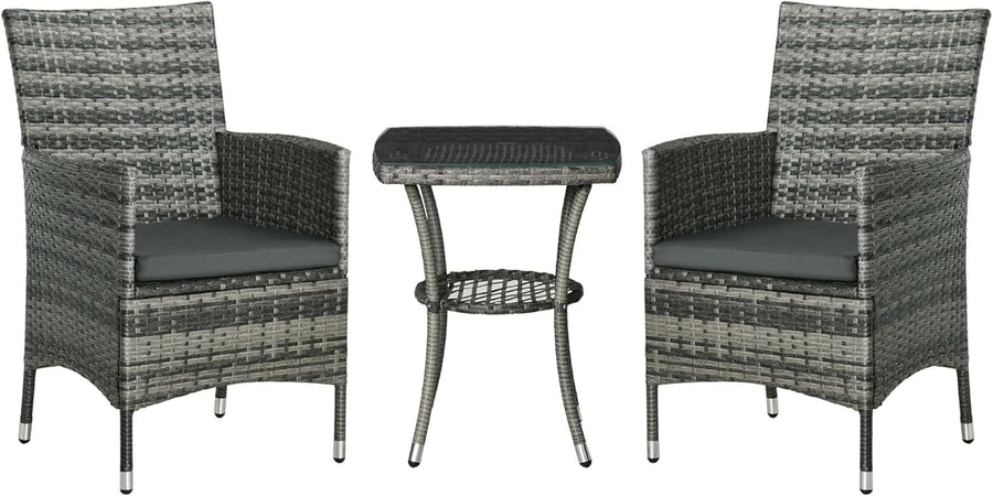 Compact Rattan Bistro Set 2 Chairs Table Cushioned Balcony Patio Seating