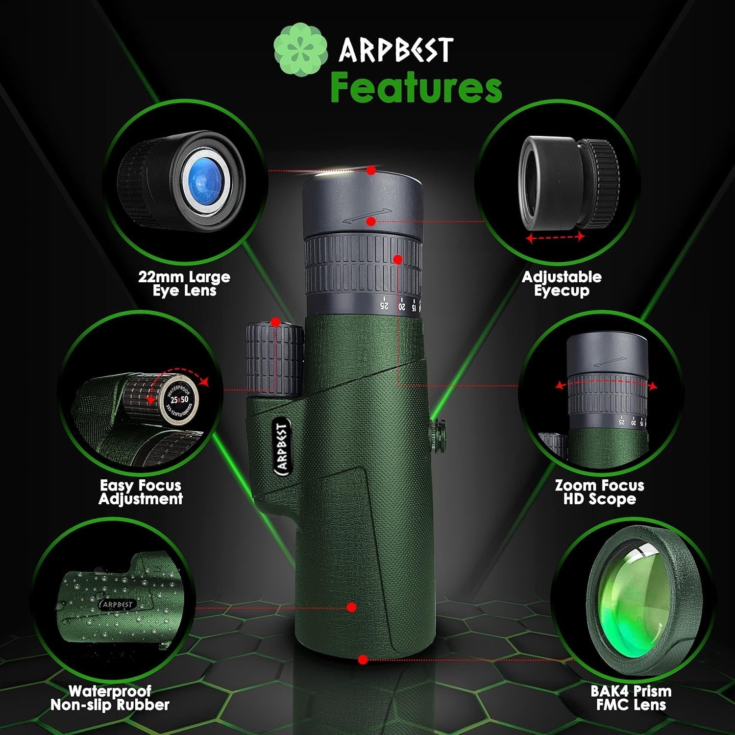 25x50 High Power Monocular with Phone Holder & Tripod BAK4 FMC Zoom Scope