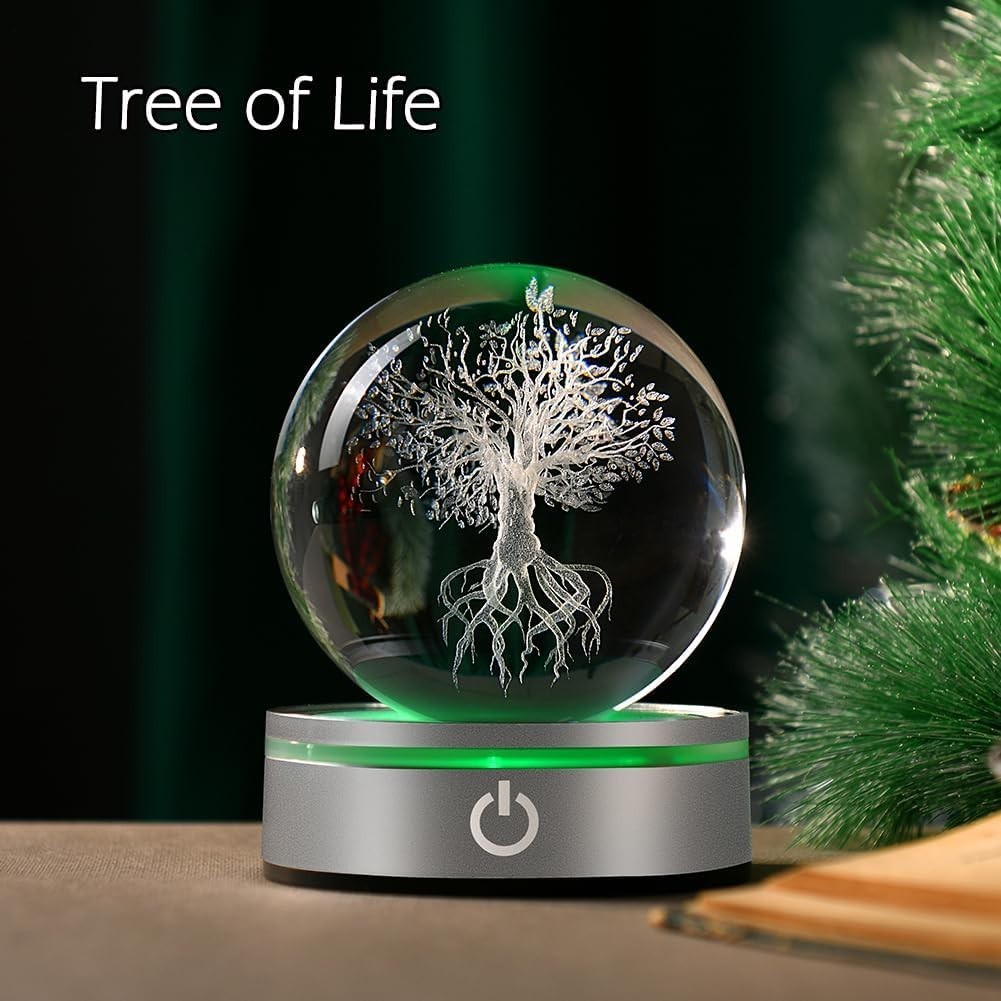 3D Tree of Life Crystal Ball LED Light • Engraved Glass Sphere Ornament