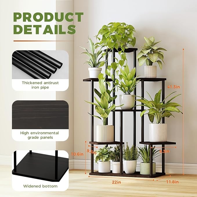 7 Tier Tall Metal Wood Plant Stand Indoor Outdoor Multi-Level Flower Shelf