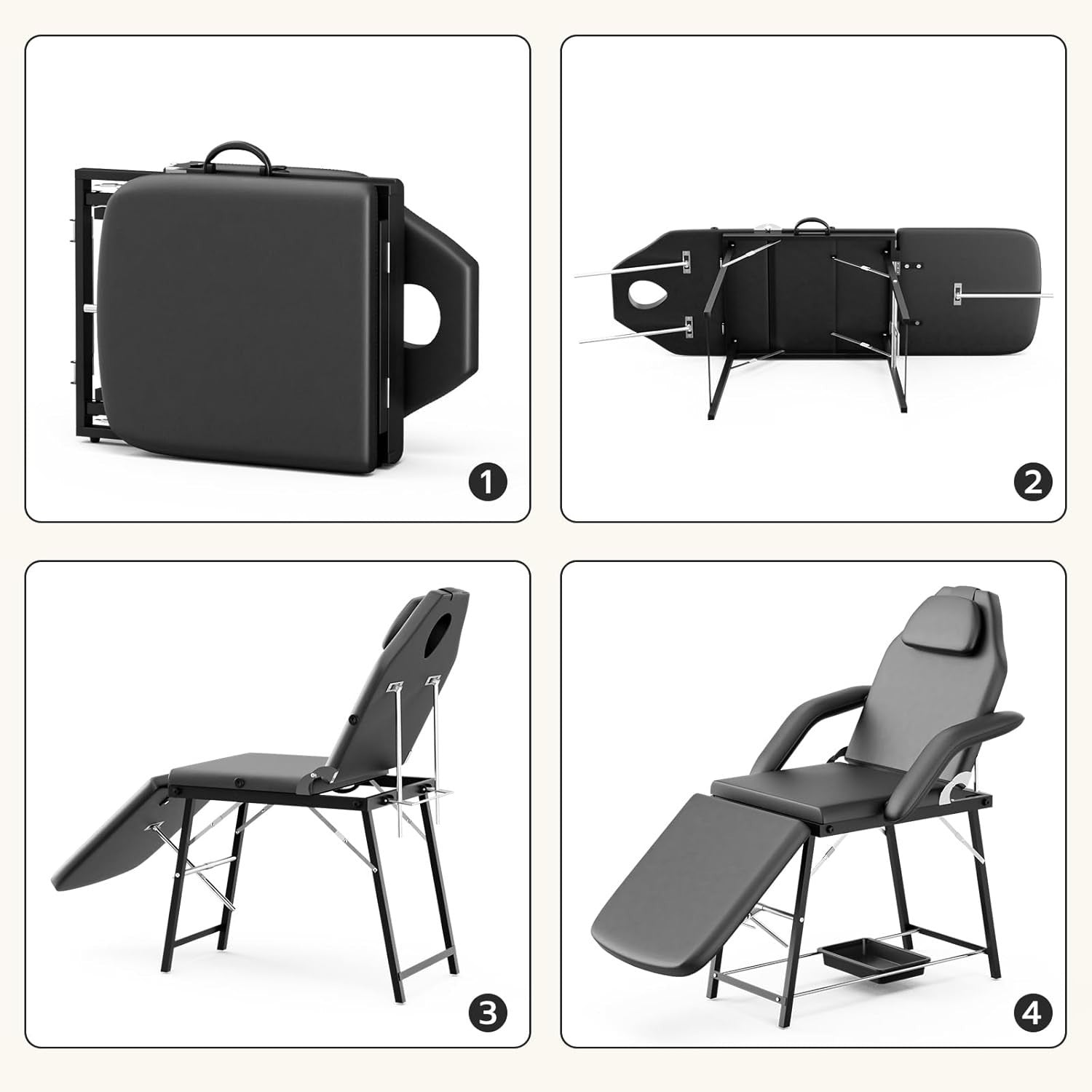 Portable 3-Section Massage Table Folding Beauty Spa Bed w/ Storage Tray Black