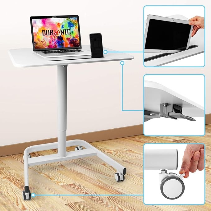 Mobile Sit Stand Desk on Wheels Adjustable Laptop Table Ergonomic White