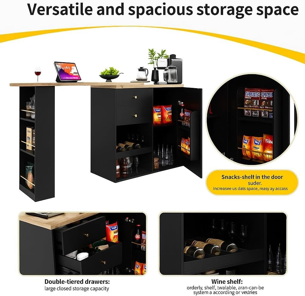 360° Swivel Bar Table with Drawers & Sliding Door Cabinet 3 Tier Storage Black