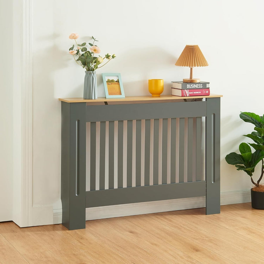 Modern Grey Radiator Cover Medium Slatted Wood Cabinet 112cm Stylish Shelf
