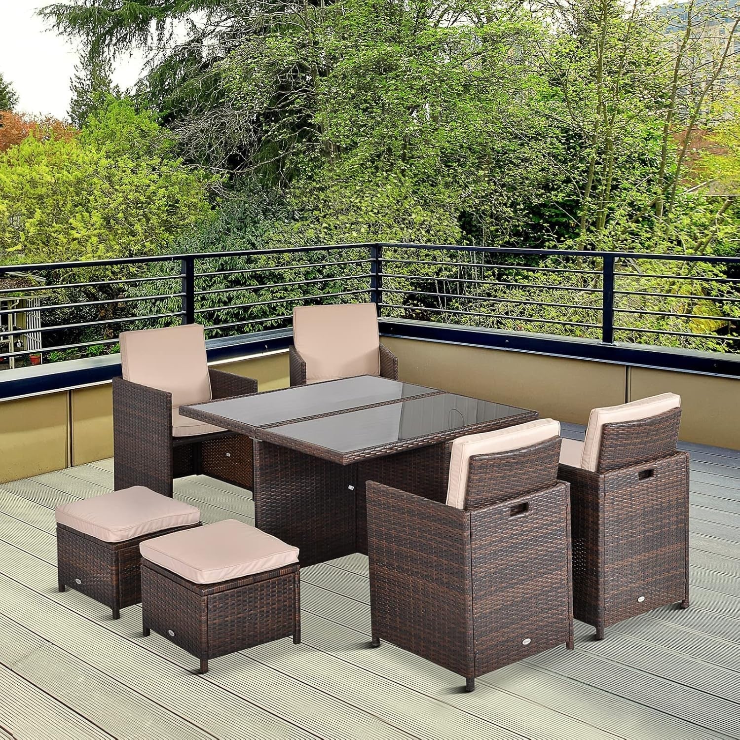 9PC Rattan Outdoor Dining Set 8-Seater with Cushions & Footrests - Modern Patio
