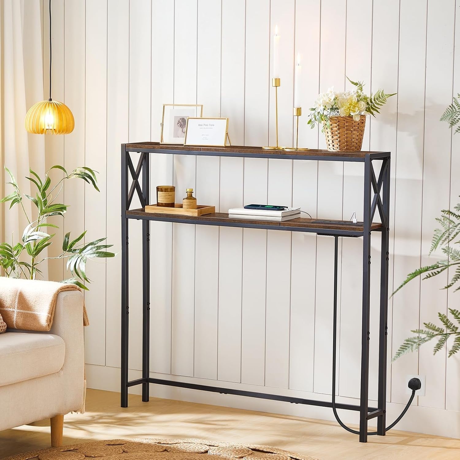 Narrow Sofa Table with Charging Station & USB Outlets, 100cm Console