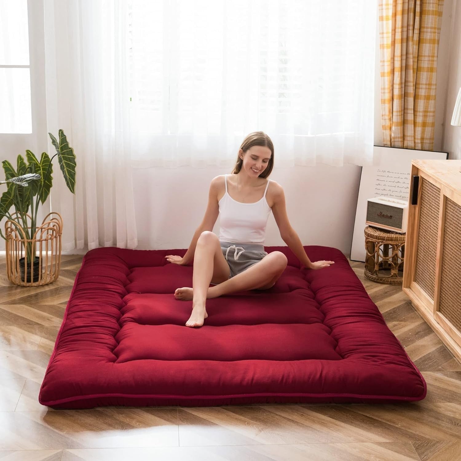 Burgundy Foldable Futon Mattress | Thick Quilted Floor Sleeping Pad, Portable