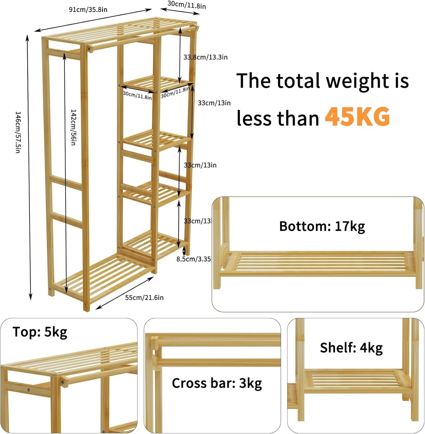 Bamboo Clothes Rack Organizer with Shelves, Garment Rail Wardrobe