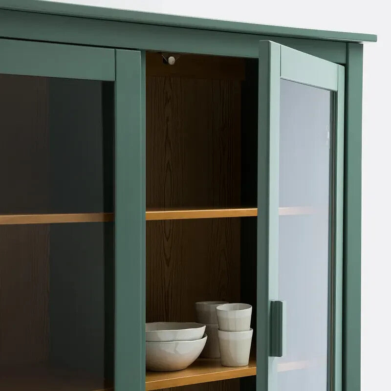 Solid Pine Glass Display Cabinet Sideboard Unit 160cm Green Storage Shelves