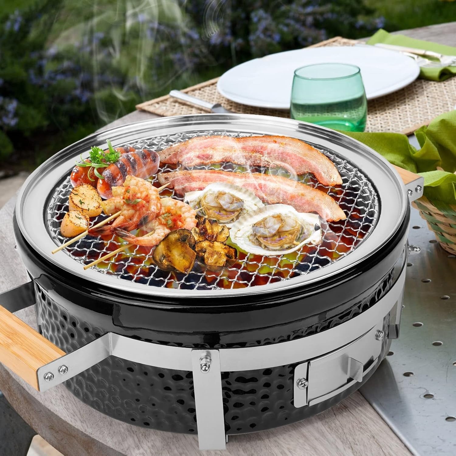 Round Ceramic Charcoal Tabletop BBQ Grill Portable Indoor Outdoor Camping Garden