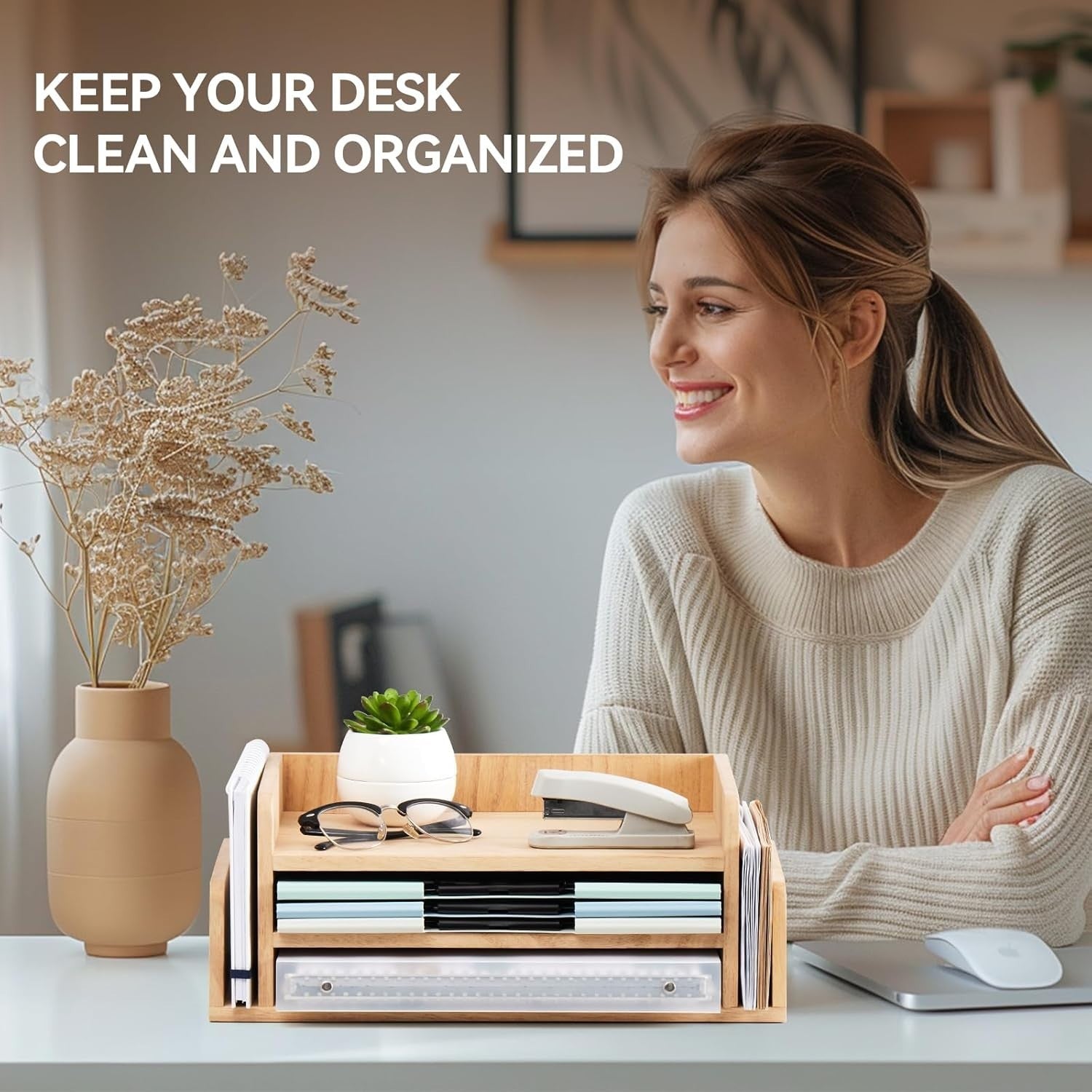 3-Tier Wooden Desk Organizer Tray for Mail, Files, Papers & Stationery