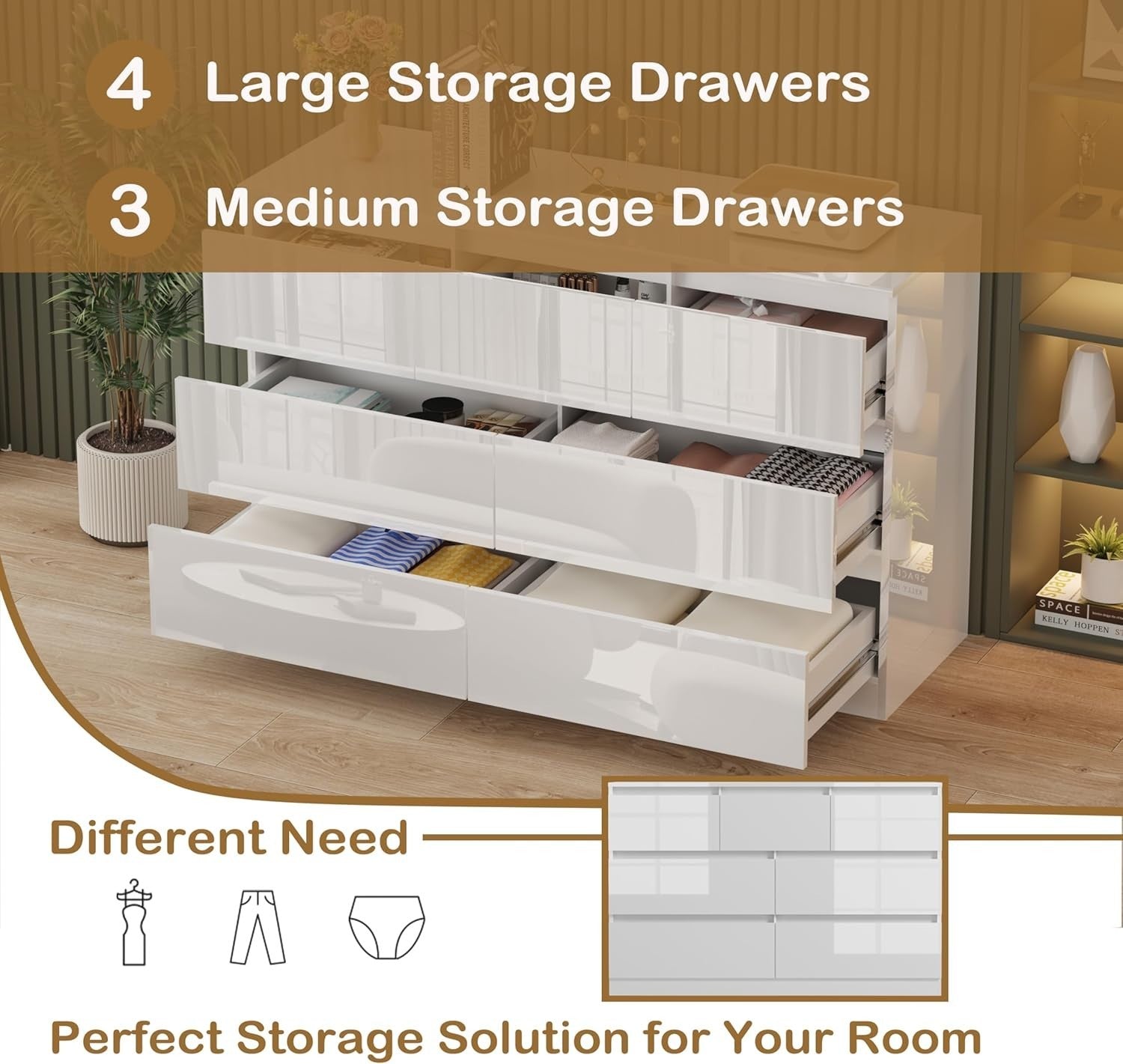 White High Gloss Chest of 7 Drawers Bedroom Storage Modern Unit
