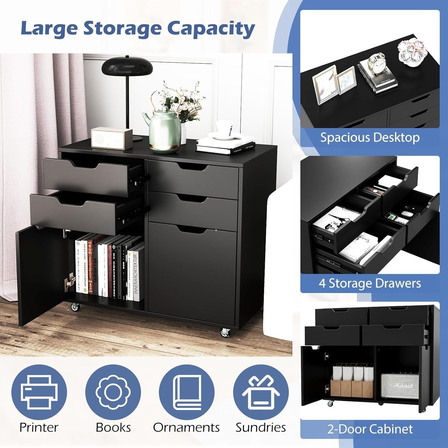Black 4 Drawer Mobile File Cabinet 73x40x64cm Printer Stand