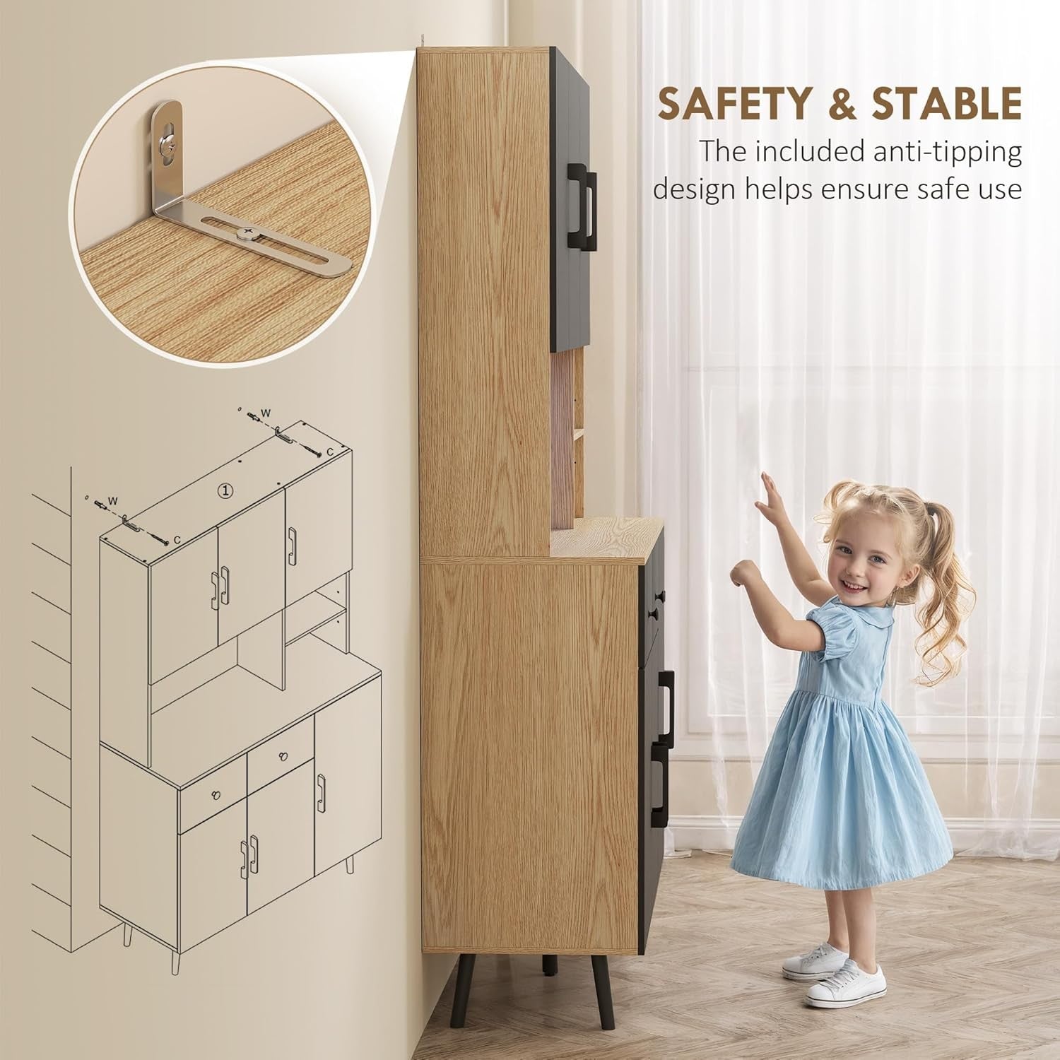 Tall Kitchen Cupboard with LED Lights 6 Door 2 Drawer Storage Cabinet Oak