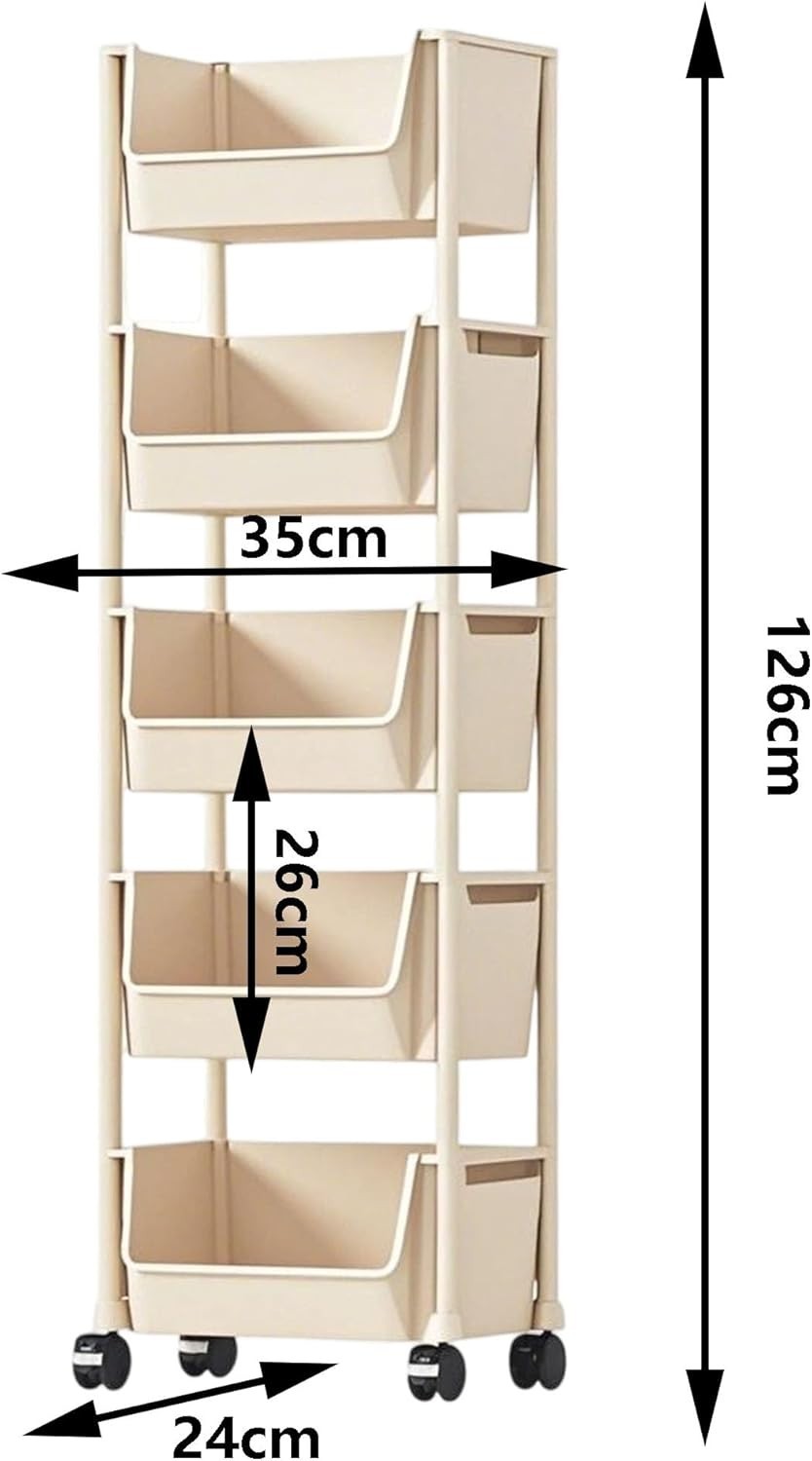 5 Tier Rolling Storage Trolley Slim Utility Cart Shelving Organizer Beige
