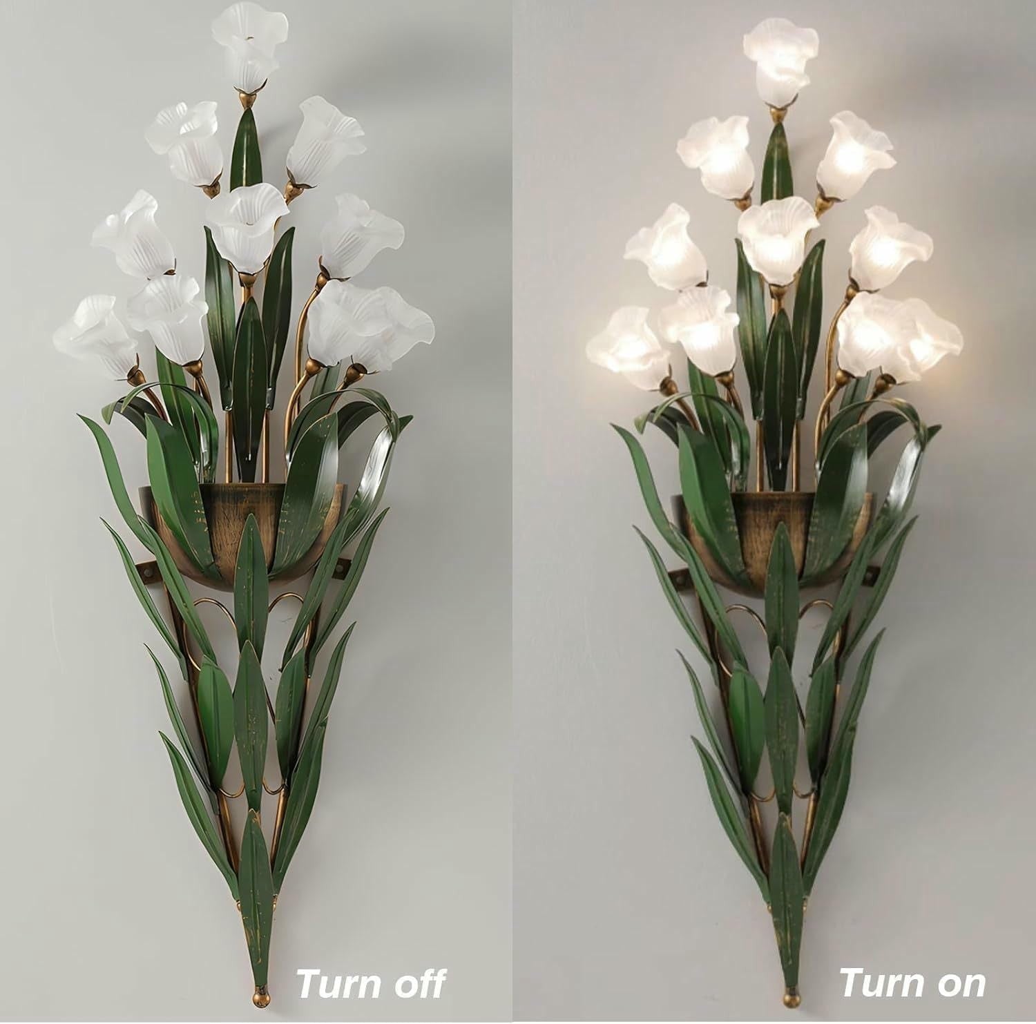Vintage Gold Floral Wall Sconce Light Antique Glass Flower Lamp Bedroom