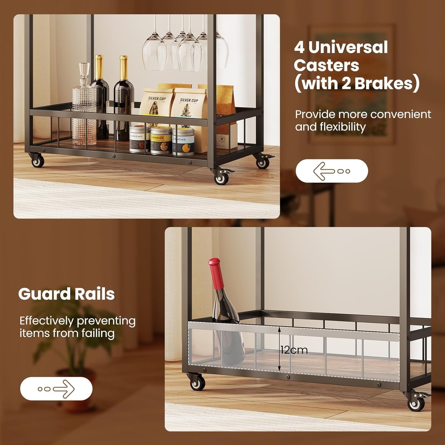 3 Tier Kitchen Trolley Rolling Bar Cart Wine Rack Serving Cart Wheels