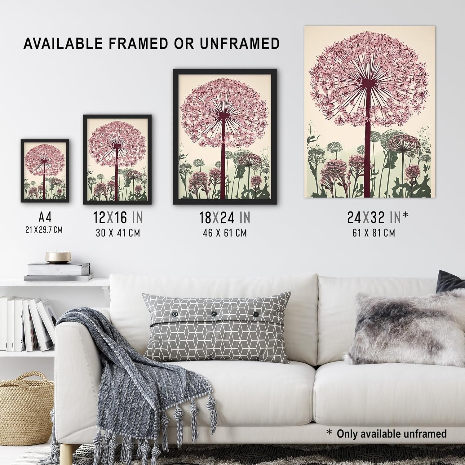 Artery8 Allium Flower Linocut Wall Art Pink Green A4 Framed Print