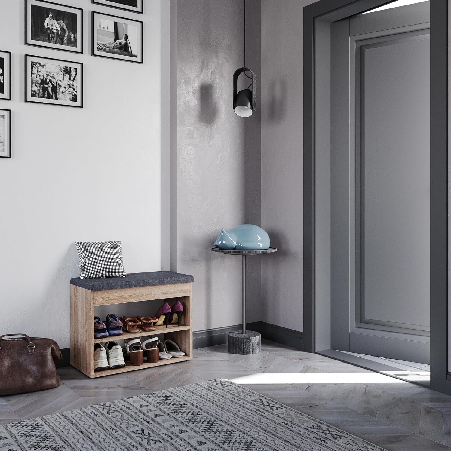 Compact Sonoma Oak Shoe Bench with Cushion Hidden Storage Entryway Seat