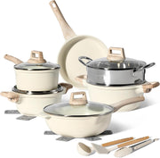 15pcs Beige Non Stick Cookware Set Induction Safe Frying Pans Pots with Lids