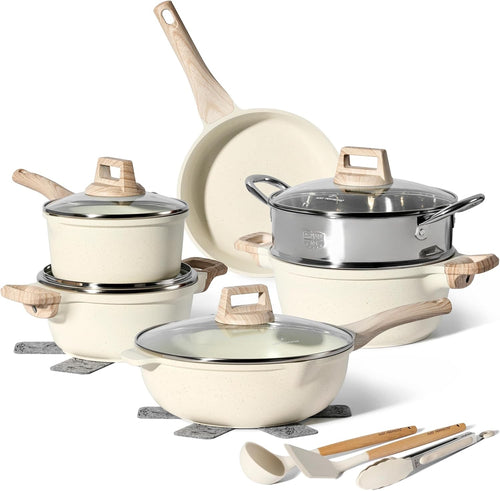 15pcs Beige Non Stick Cookware Set Induction Safe Frying Pans Pots with Lids