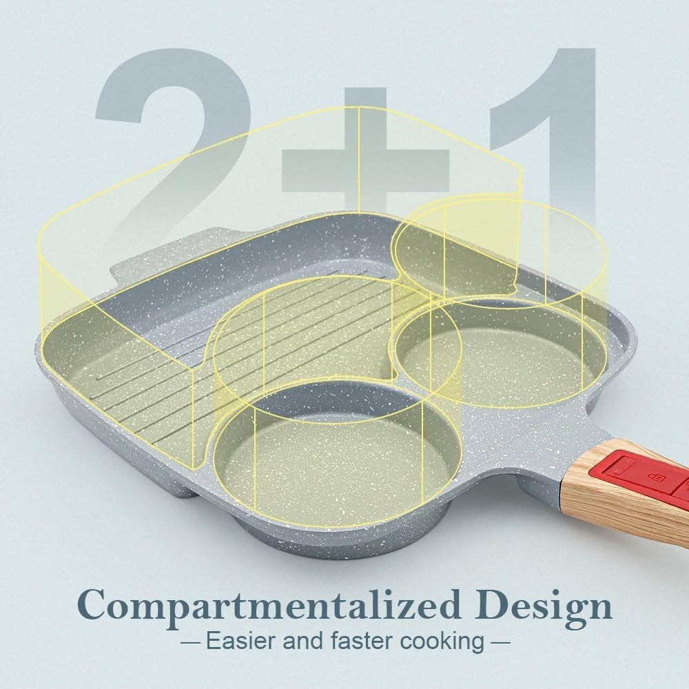 3-in-1 Divided Frying Pan Non-Stick Ceramic Multi-Section Egg Pan Lid Blue 26cm