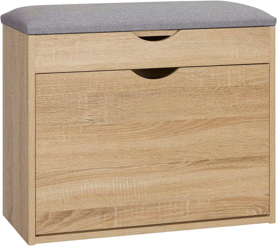 Natural Wood Shoe Storage Bench with Cushion Seat Flip-Up Cabinet & Hidden Space