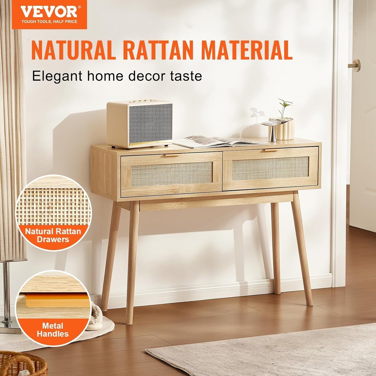 Rattan Console Table with Drawers & Shelf, Entryway Storage Unit 100cm