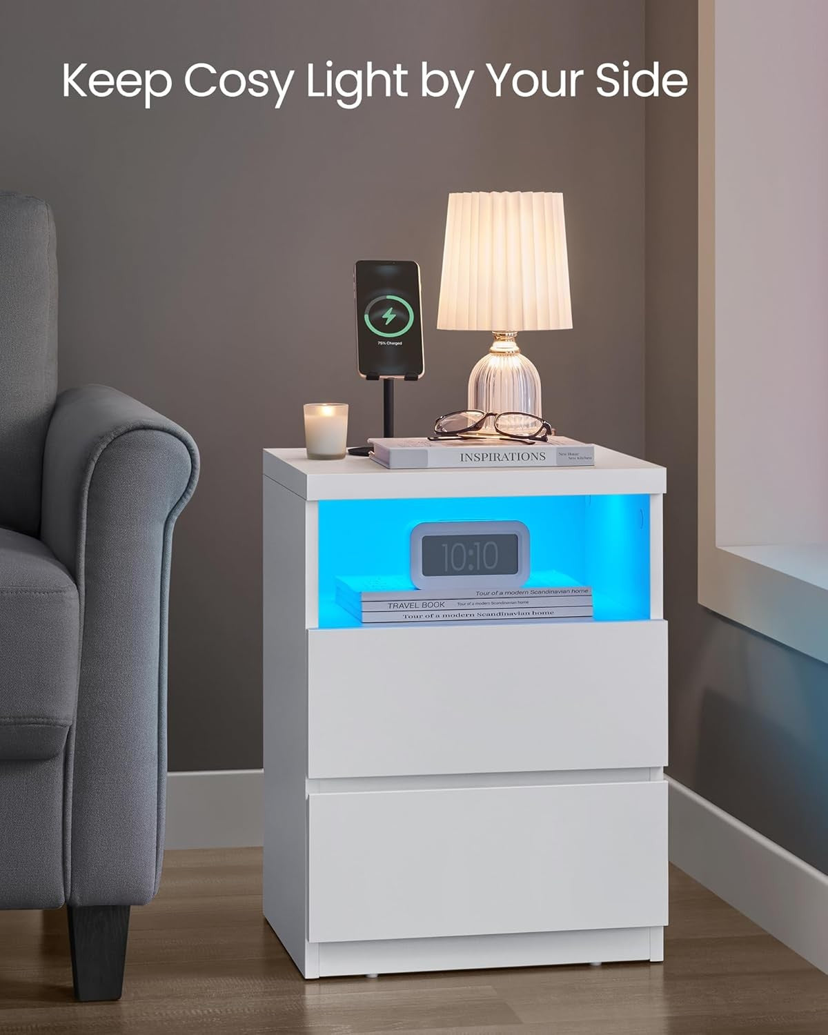 Set of 2 White LED Bedside Tables with Drawers, Modern Storage Nightstands