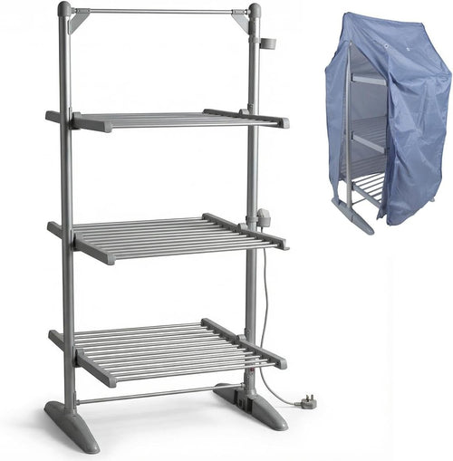 3 Tier Heated Clothes Airer with Cover Foldable Electric Drying Rack 24 Bars