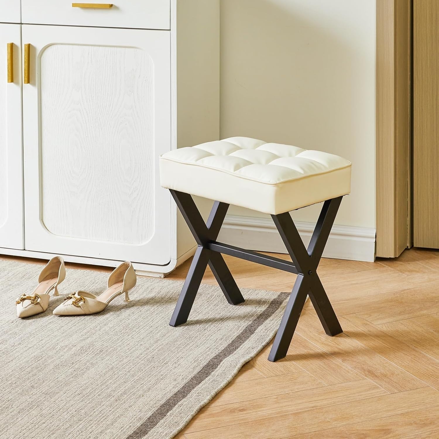 White PU X-Leg Vanity Stool – Square Makeup Seat & Footrest for Bedroom