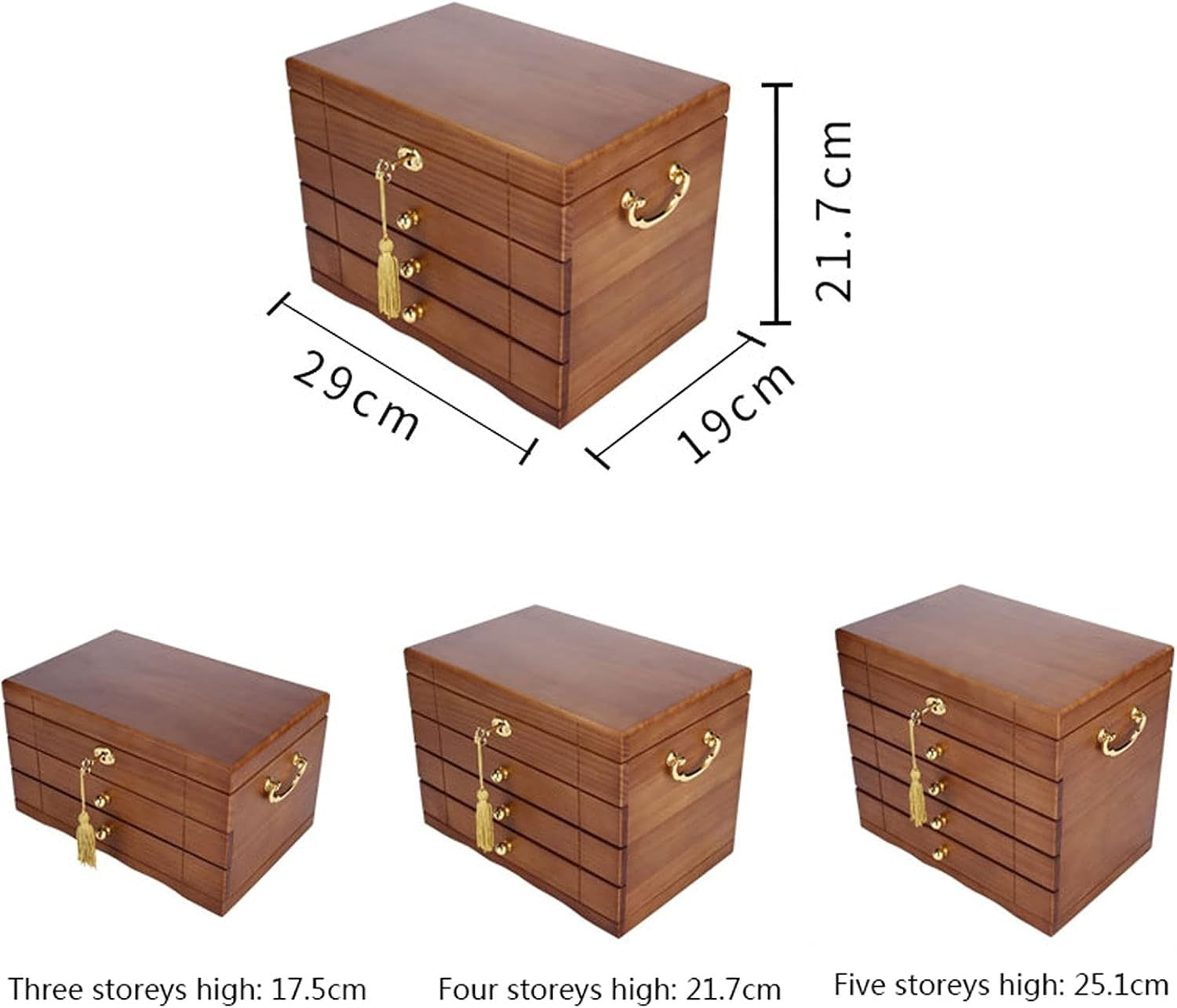 Large Wooden Jewelry Box with Mirror Lock Multi Layer Organizer for Women