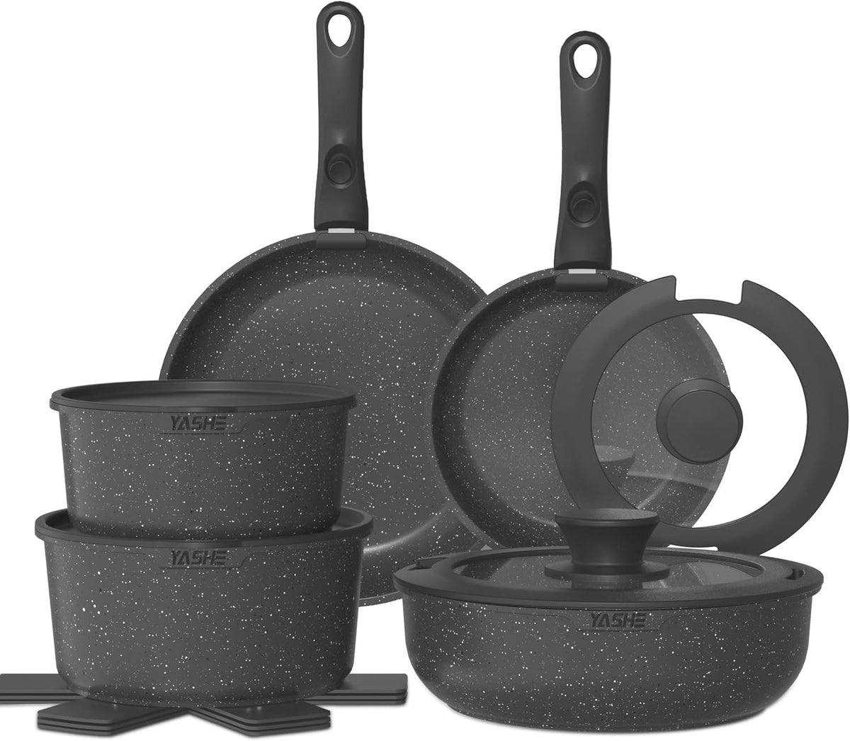 15pcs Black Non Stick Granite Cookware Set  Induction Safe with Removable Handle