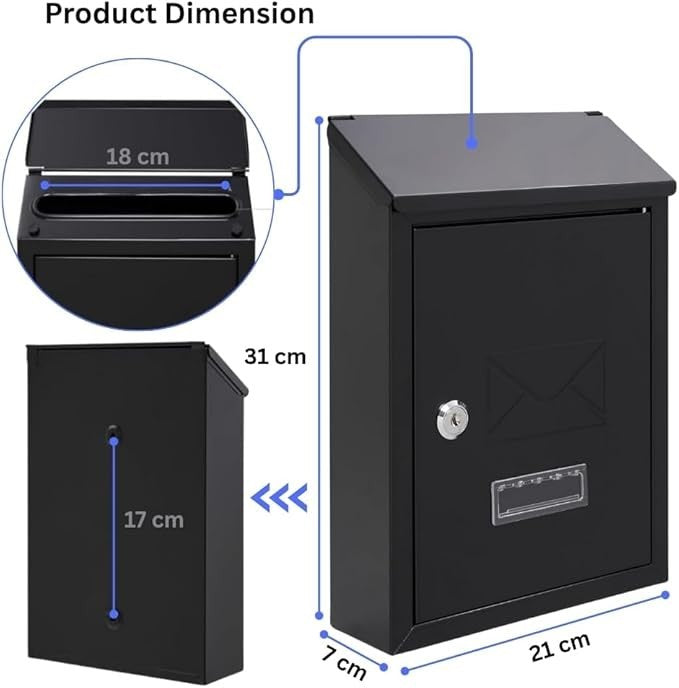 Lockable Wall Mounted Mailbox Black Steel Weatherproof Post Box A5 Slot
