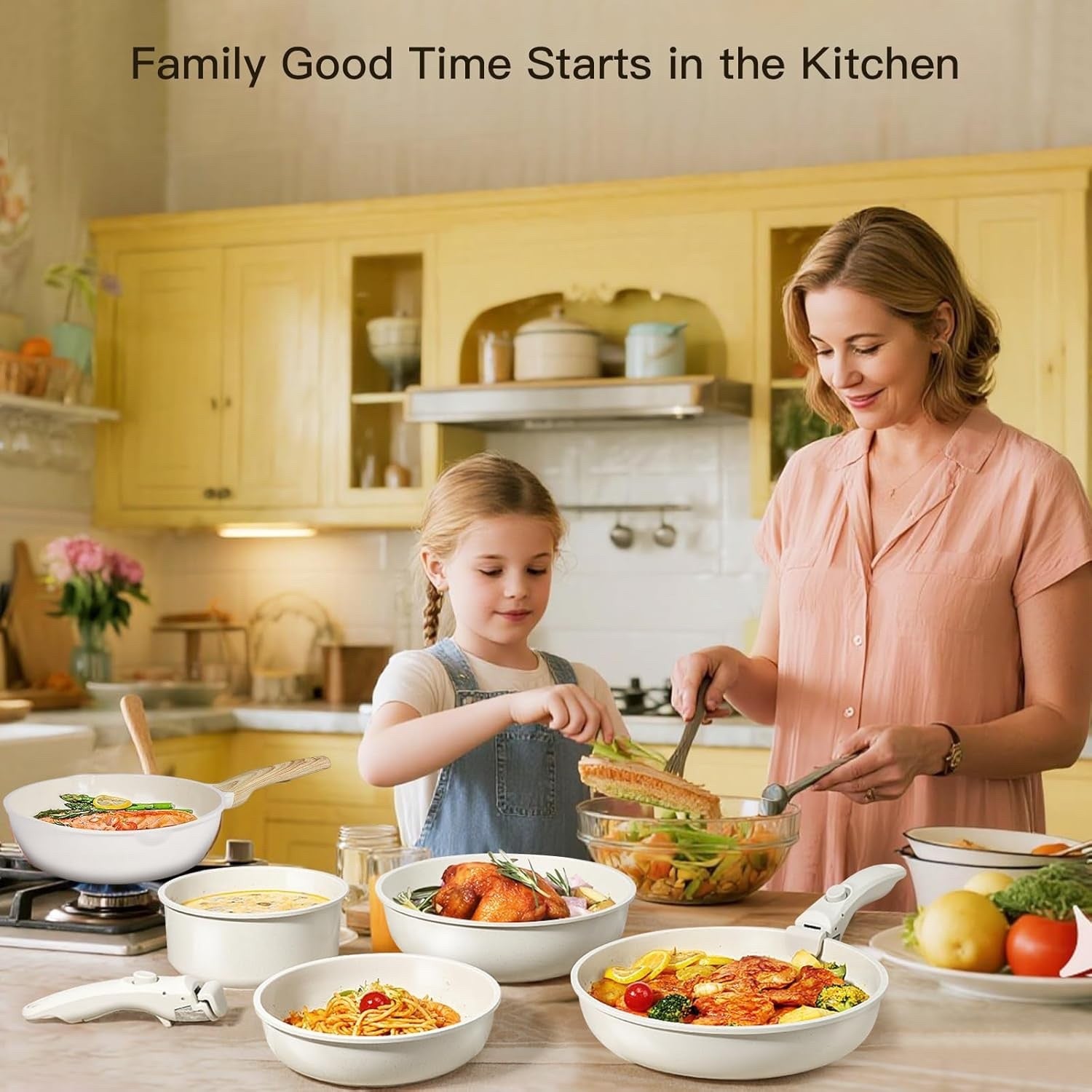 8pcs White Ceramic Non Stick Induction Cookware Set with Detachable Handle