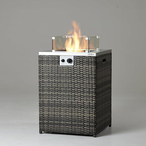 Outdoor Gas Patio Heater Fire Pit with Glass Rocks & Wind Shield | 13KW Heat
