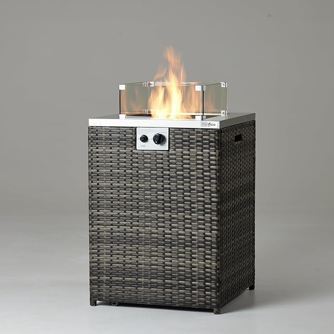 Outdoor Gas Patio Heater Fire Pit with Glass Rocks & Wind Shield | 13KW Heat