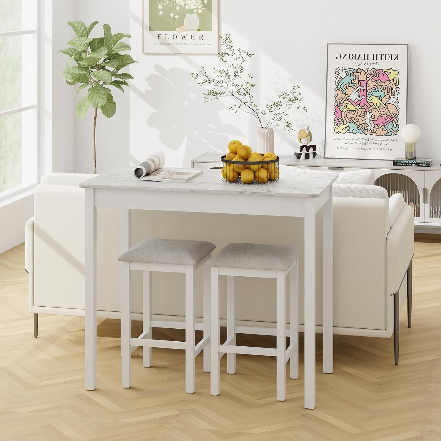 Faux Marble Bar Table Set with 2 Stools, Space Saving Breakfast Dining Set
