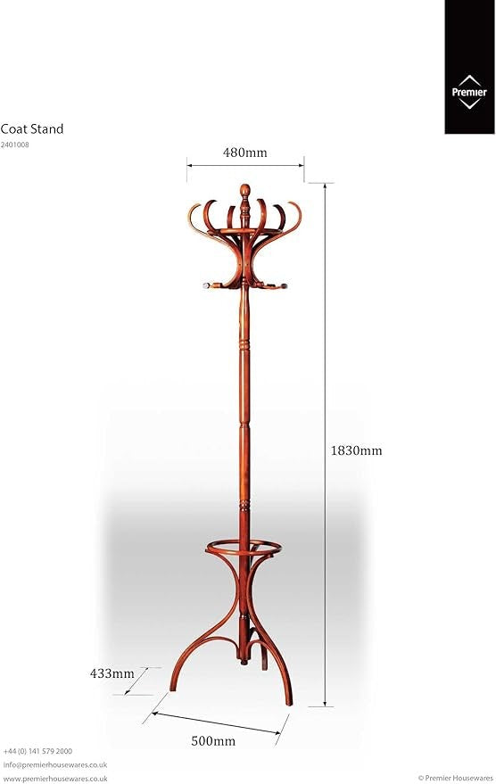 Mahogany Floor Standing Coat Stand 184cm | Wooden Hall Tree Hanger for Coats