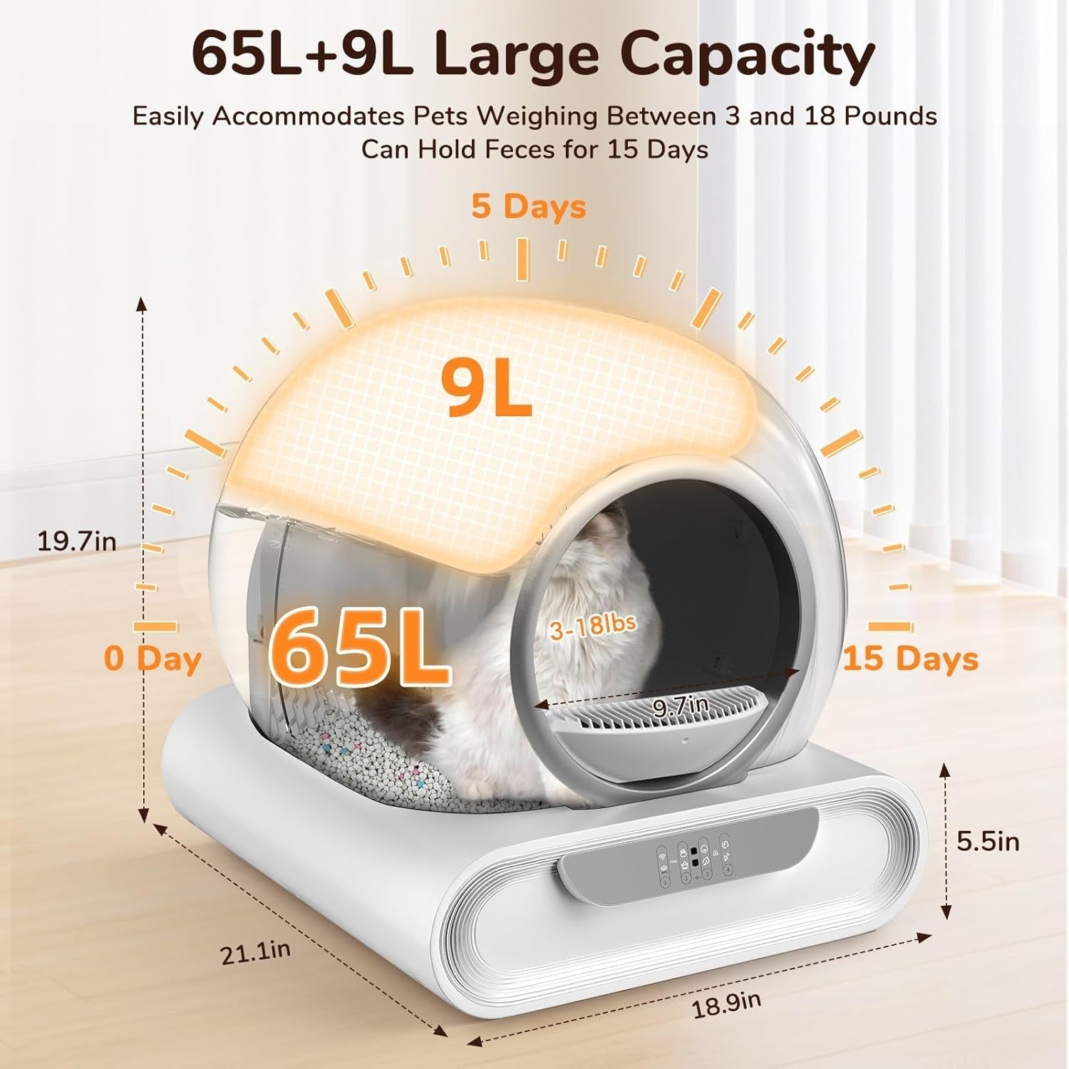 Self Cleaning Cat Litter Box XXL APP Control Stainless Steel 65L 9L
