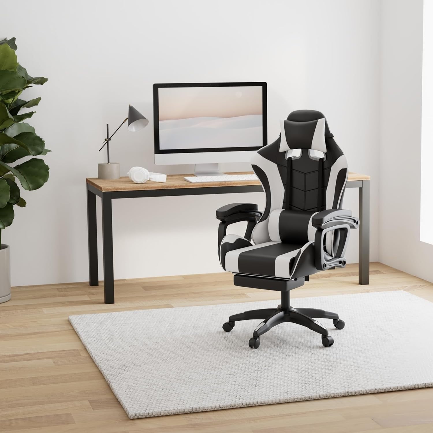 Gaming Chair Ergonomic Reclining Office Chair w/ Footrest Adjustable Height Blac