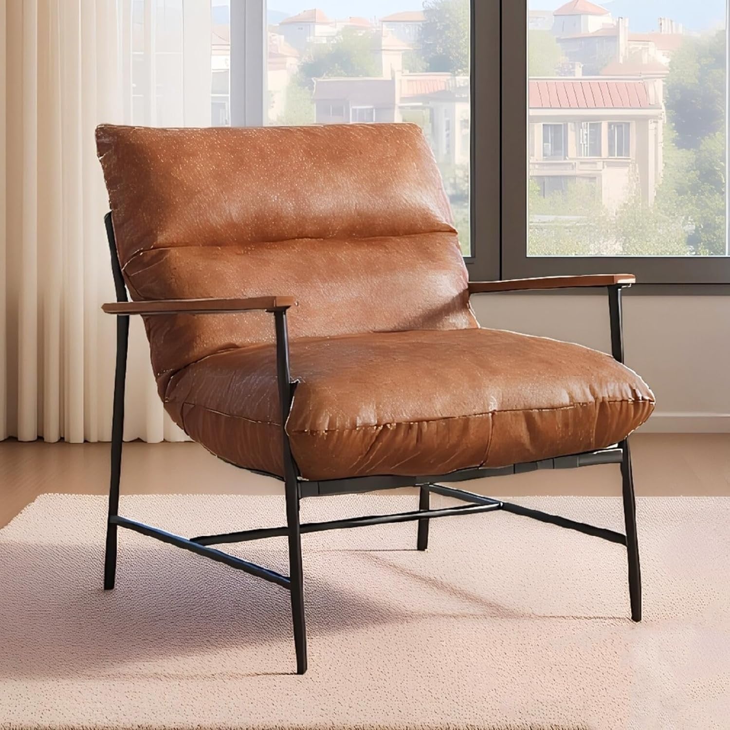 Brown PU Leather Accent Armchair Modern Upholstered Lounge Chair