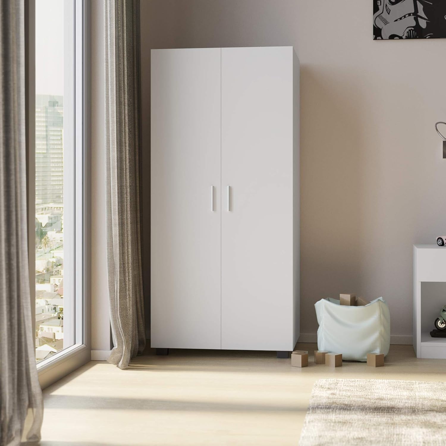 Kids 2 Door Wardrobe White Wooden Hanging Rail Storage Bedroom Unit
