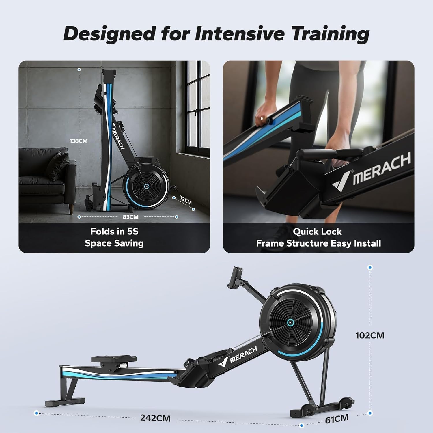Air Rowing Machine 10-Level Adjustable Resistance Bluetooth Monitor Home Gym