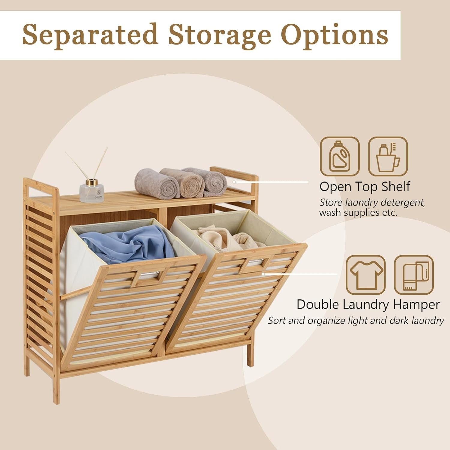 75L Bamboo Double Tilt-Out Laundry Hamper With Shelf Removable Bags Unit