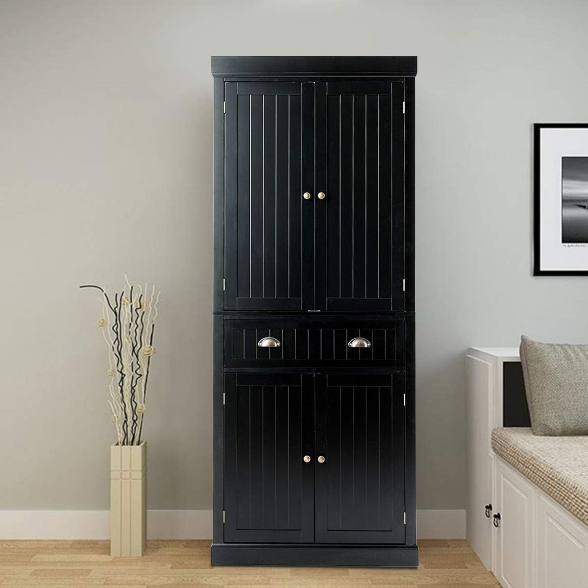 Black Tall Kitchen Cupboard 183cm Pantry Storage Cabinet Unit Shelves